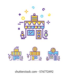 Cartoon Confectionery Shop building line icon. Set of city Shop and store buildings. Flat isolated vector illustration on white background. Linear stokes and fills.   