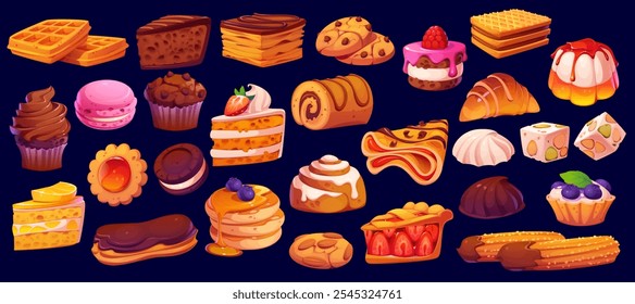 Confitería de dibujos animados y pasteles dulces y galletas o postres de panadería, iconos vectoriales. Pastelería de dibujos animados y pastelería cupcake, waffle y muffin de chocolate, panqueque dulce y croissant o turrón