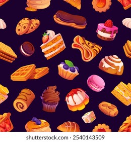 Confitería de dibujos animados y pasteles dulces sin patrón. Fondo inconsútil de la materia textil, impresión de Vector de papel de envoltura o telón de fondo con la torta, los panqueques y el waffle, la magdalena, el pudín y el postre de la masa de la galleta