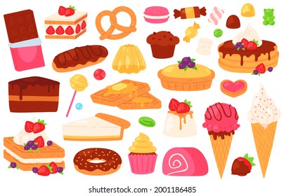 Cartoon confectionery sweets. Chocolate cake, cupcake, sweet baked pastry and pancakes, ice cream, jelly and eclair. Dessert food vector set. Illustration pancake and roll, caramel and macaroon