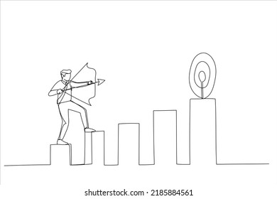 Cartoon of confidence businessman aiming his bow arrow to top of high performance target. Business challenge to achieve higher target. Continuous line art
