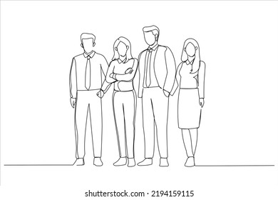 Cartoon of confident business team stands in office. Continuous line art
