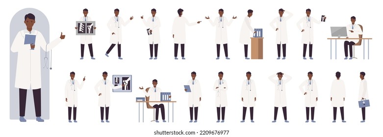 Cartoon confident explainer wearing uniform, standing and sitting, hospital worker pointing on medical presentation, expert posing. African american black male doctor poses set vector illustration