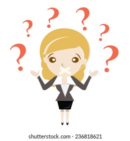 Cartoon confuse business woman can not speak and had tape on mouth. vector design illustration.