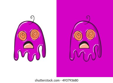 Cartoon Confused Emoji in Ghost Style .  Magenta color Vector Illustration