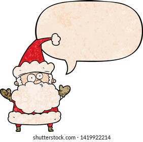 cartoon confused santa claus shurgging shoulders with speech bubble in retro texture style