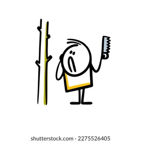 Cartoon confused stickman in the forest holds a saw in his hands and prepares to cut down the trunk of a tall tree. Vector illustration of a character ruining nature and plants.