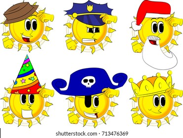 Cartoon confused sun. Collection with costume. Expressions vector set.