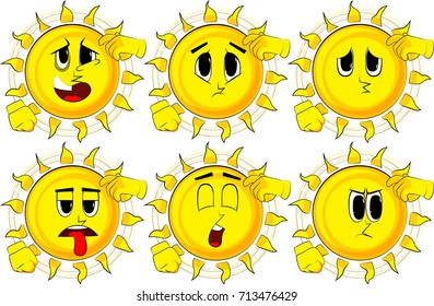 Cartoon confused sun. Collection with sad faces. Expressions vector set.