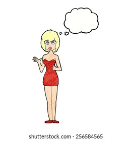 cartoon confused woman in cocktail dress with thought bubble