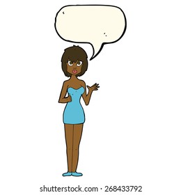 cartoon confused woman in cocktail dress with speech bubble