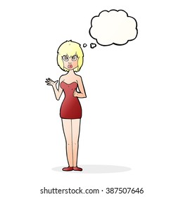 cartoon confused woman in cocktail dress with thought bubble
