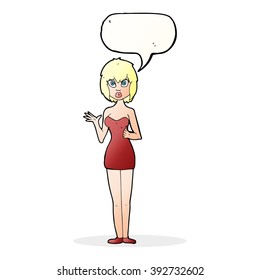 cartoon confused woman in cocktail dress with speech bubble