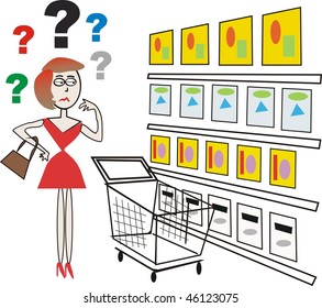 Cartoon Of Confused Woman Shopper In Supermarket.