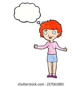 cartoon confused woman with thought bubble