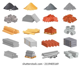 Cartoon construction building materials. Piles of sand, cement and stones. Red brick stacks, wooden planks and metal roof elements for house building industry and renovation vector set