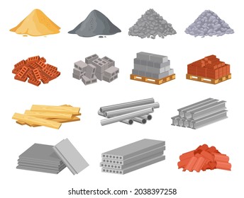 Cartoon construction building materials, sand and gravel pile. Brick stacks, metal pipes, cement. Building supplies for renovation vector set. Wooden planks and stones for repair works