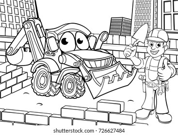 Cartoon construction building site scene with builder and excavator or digger vehicle