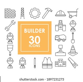 cartoon construction icon set over white background, line style, vector illustration