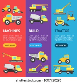 Cartoon Construction Machinery Banner Vecrtical Set Bulldozer, Excavator and Truck Concept Flat Style Design. Vector illustration