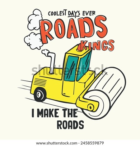 Cartoon construction machinery illustration for tee print design
