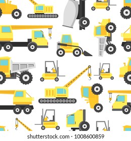Cartoon Construction Machinery Seamless Pattern Background on a White Bulldozer, Excavator and Truck Concept Flat Style Design. Vector illustration