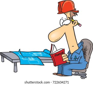 cartoon construction man reading a manual on the job
