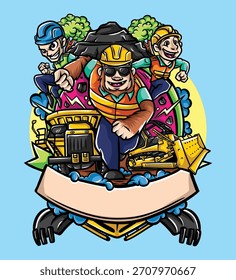 Equipo y Anuncio de los trabajadores de la escena de la construcción de la historieta en un fondo azul.