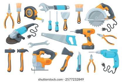 Cartoon construction tools. Building repair work hand tool and hardware instruments set, hammer wrench screwdriver drill spanner ruler tape repairman set neat vector illustration original artwork