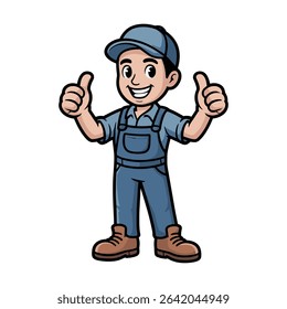 Cartoon Construction Worker in Blue Overalls Giving Thumbs Up

