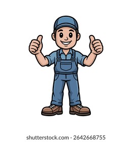 Trabalhador de construção de desenhos animados em macacão azul dando Polegar

