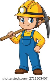 Cartoon construction worker boy holding pickaxe, smiling miner character in yellow helmet, cute labor illustration, engineering mascot, mining industry vector design