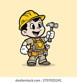 Cartoon Construction Worker Boy Mascot Holding Hammer	