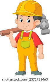 Cartoon construction worker carrying a big hammer of illustration