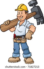 Cartoon Construction Worker Carrying A Big Hammer. Vector Illustration With Simple Gradients.