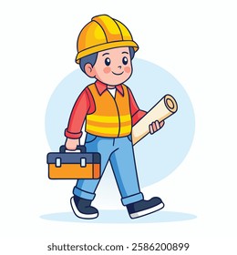 Cartoon Construction Worker Carrying Tools and Blueprint