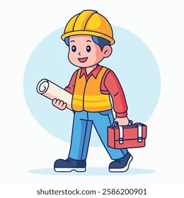 Cartoon Construction Worker Carrying Tools and Blueprint