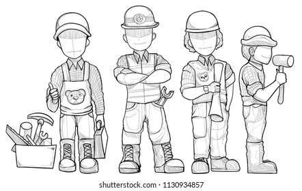 Cartoon construction Worker characters group. vector illustration. drawing vector
