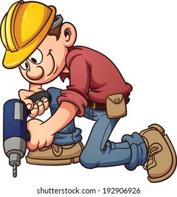 Cartoon construction worker drilling a hole. Vector clip art illustration with simple gradients. All in a single layer.