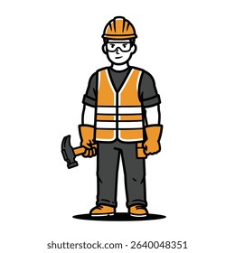 Cartoon Construction Worker Hammer Safety Vest Builder Handy Man Animated Character