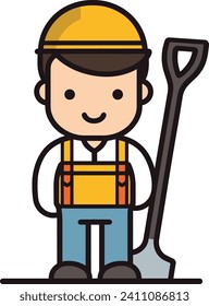 Cartoon construction worker with hard hat and shovel. Smile. Cartoon man in safety gear ready to work vector illustration.