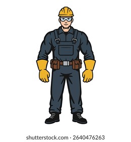 Cartoon Construction Worker Hard Hat Overalls Builder Professional Animated Character