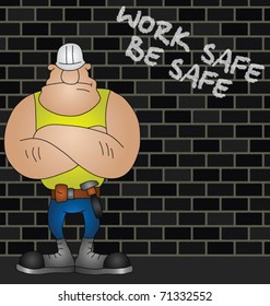 Cartoon construction worker with health and safety message