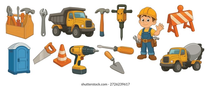 um trabalhador da construção de desenhos animados com suas ferramentas e máquinas