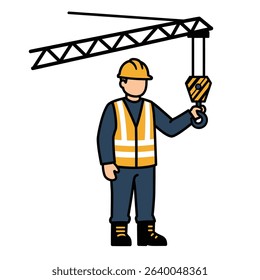 Cartoon Construction Worker Holding Crane Builder Heavy Equipment Supervisor Animated