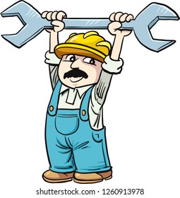 A cartoon construction worker holding a large oversized wrench above his head.
