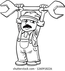 A cartoon construction worker holding a large oversized wrench above his head.