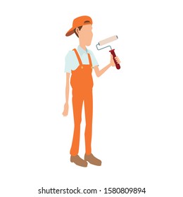 cartoon construction worker holding a paint roller icon over white background, vector illustration