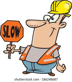 cartoon construction worker holding a slow sign