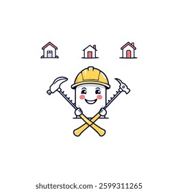 Cartoon Construction Worker Icon: Smiling Character with Hammer, Wrench, and Red Roof House Icons